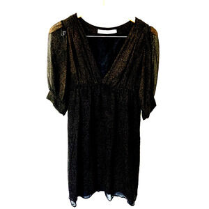 Amanda Uprichard Mini Gold Dress Silk Black Medium Sheer sleeve Babydoll Y2K